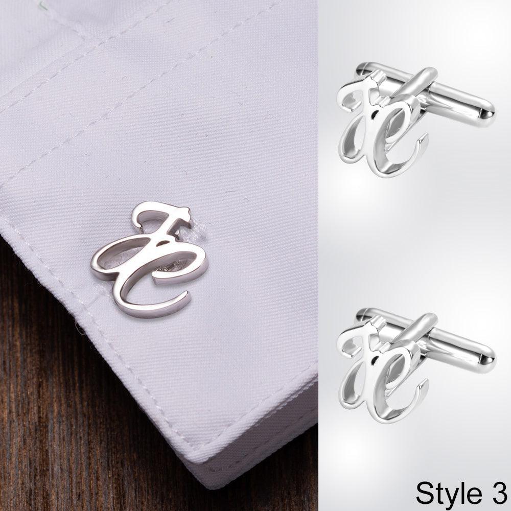 Elegant 'J&C' monogram cufflinks on a white cuff, Style 3 displayed alongside.