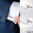 Silver cufflinks with the name 'Andrew' on shirt cuff, with two style variations shown.