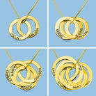 A collage of four gold necklaces, each with interlocking rings engraved with names such as "COLLIN," "MELISSA," "ROBIN," "JEANINE," "HARPER," "GRAYSON," "LINDSEY," "ELIZABETH," and "JAMES," against a blue background.