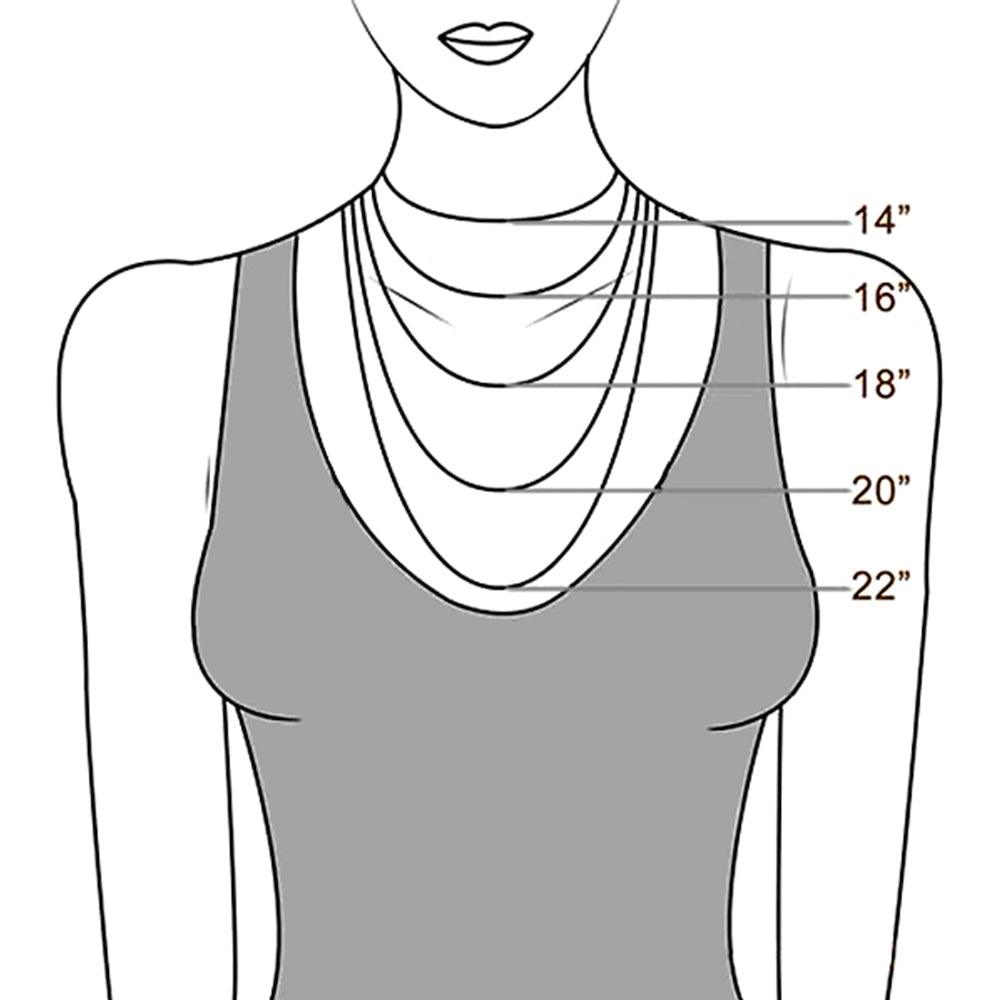 Illustration of a woman showing different necklace lengths: 14 inches at the neck, 16 inches at the collarbone, 18 inches just below the collarbone, 20 inches above the chest, and 22 inches at the chest.