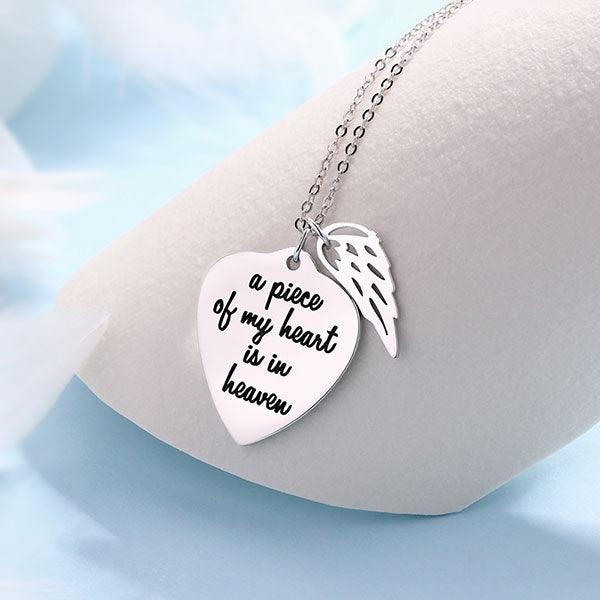 Personalized Memorial Heart Necklace with Angel Wing Charm in Sterling Silver - Custom Engraved Remembrance Jewelry - Belbren