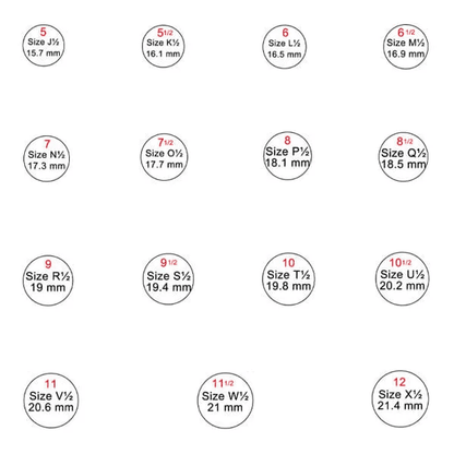 A chart displaying various ring sizes with corresponding diameters in millimeters. Sizes range from 5 (15.7 mm) to 12 (21.4 mm), including half sizes.