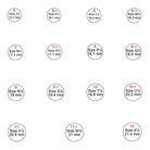 A chart displaying various ring sizes with corresponding diameters in millimeters. Sizes range from 5 (15.7 mm) to 12 (21.4 mm), including half sizes.