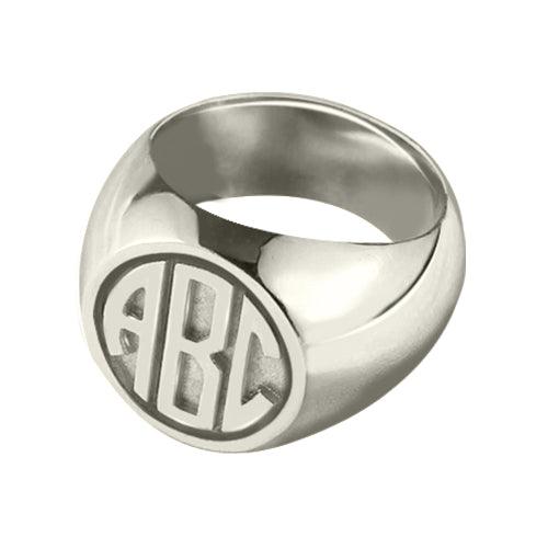 Matte finish sterling silver signet ring with raised 'ABC' block monogram design.