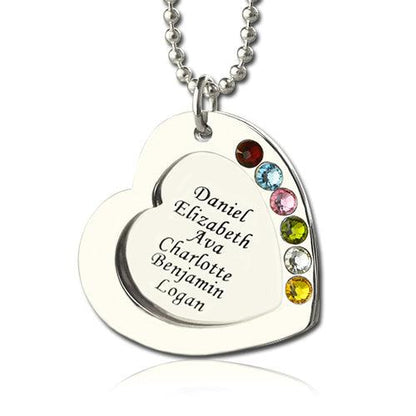 Silver heart pendant with names Daniel, Elizabeth, Ava, Charlotte, Benjamin, Logan, and colorful 