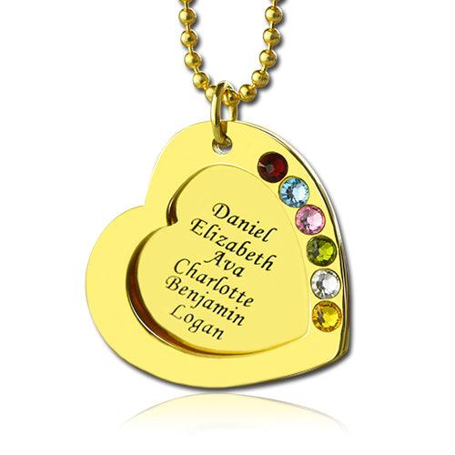 Gold heart pendant with names and rainbow gems on a golden chain.