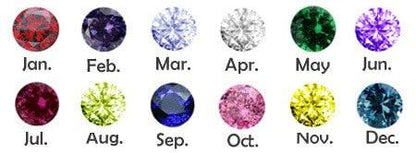 Twelve birthstones representing each month of the year, with corresponding gemstones: red for January, purple for February, and so on through blue for December.