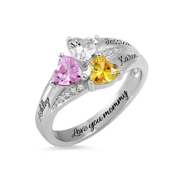 Personalized Mothers Ring | Custom Engrave Name and Birthstone Ring Gift for Mom | Heart Birthstones Ring - Belbren