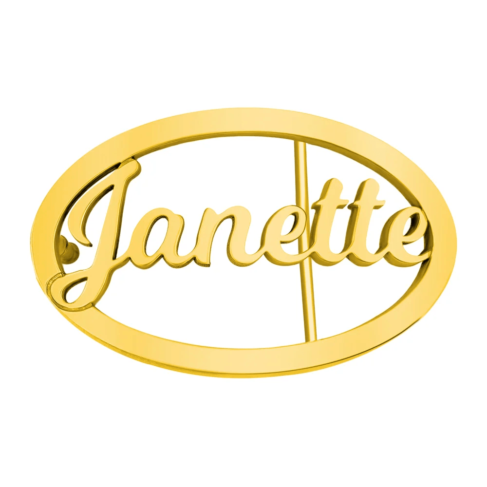 Gold oval belt buckle with 'Janette' in cursive script centered inside, on a white background.