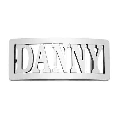 Rectangular silver belt buckle with the name 'DANNY' in stylized capital letters, presented on a white background.