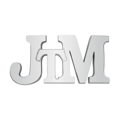 Silver initials 'JTM' in a bold, sans-serif and cursive mix font, shining on a white background.