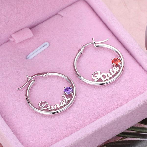 Personalized Name Birthstone Hoop Earrings - Belbren