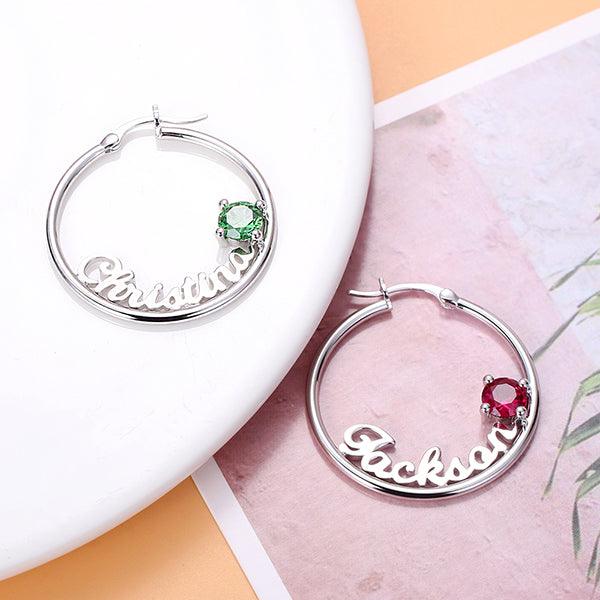 Personalized Name Birthstone Hoop Earrings - Belbren