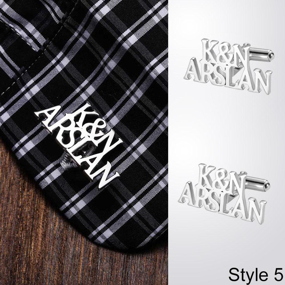 Custom cufflinks with 'Arslan' engraved on a plaid fabric, next to Style 5 cufflinks showing 'K&N' initials.