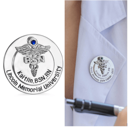 Split image showing two nursing pins, one with a blue gem and the other worn on a white coat.