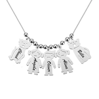 A silver necklace with five pendants shaped like a dog, cat, and three children. Each pendant is engraved with names: Cheech, Angela, Oliver, Alina, and Bella.