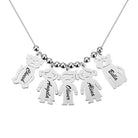 A silver necklace with five pendants shaped like a dog, cat, and three children. Each pendant is engraved with names: Cheech, Angela, Oliver, Alina, and Bella.