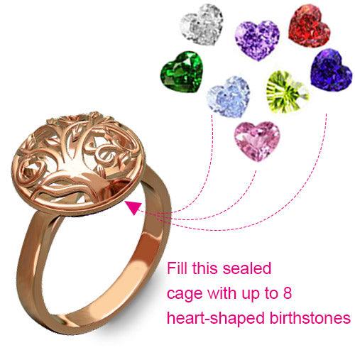 Personalized Round Cage Family Tree Birthstone Ring - Customizable with 1-8 Heart-Shaped Stones - Perfect Gift for Mothers, Wives, Friends - Belbren