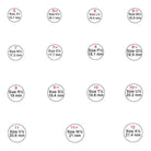 A ring size chart showing various sizes with corresponding diameters in millimeters. Sizes range from 5 (15.7 mm) to 12 (21.4 mm) with half sizes included.