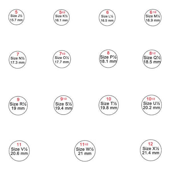 A ring size chart showing various sizes with corresponding diameters in millimeters. Sizes range from 5 (15.7 mm) to 12 (21.4 mm) with half sizes included.