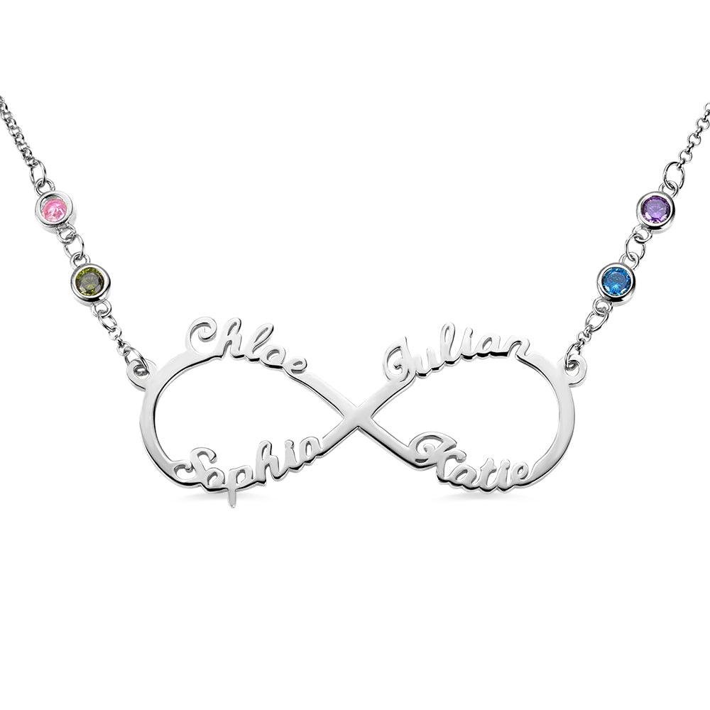 Personalized Silver Infinity Necklace with 4 Custom Names and Birthstones - Perfect Gift for Mother's Day - Belbren