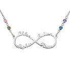 A silver infinity necklace featuring four names: Chloe, Julian, Sophia, and Katie, adorned with four gemstones of different colors along the chain.