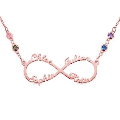 A rose gold infinity necklace featuring four names: Chloe, Julian, Sophia, and Katie, adorned with four gemstones of different colors along the chain.