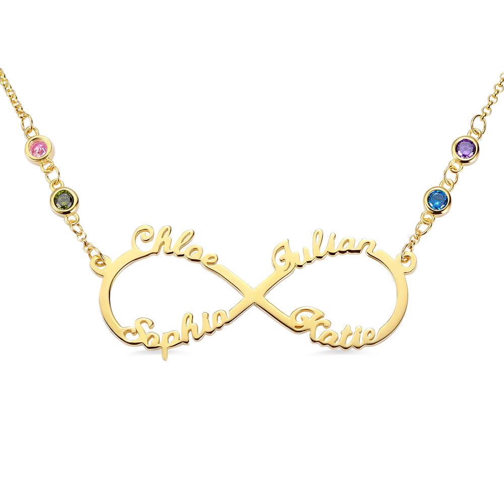 A gold infinity necklace featuring four names: Chloe, Julian, Sophia, and Katie, adorned with four gemstones of different colors along the chain.