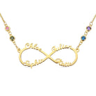 A gold infinity necklace featuring four names: Chloe, Julian, Sophia, and Katie, adorned with four gemstones of different colors along the chain.