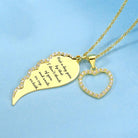 Gold necklace with a winged pendant and a heart, both studded with crystals, on a blue background.