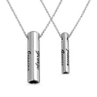 Personalized sterling silver bar pendant necklace set for couples, engraved with names Jessica and George, displayed on a delicate chain.