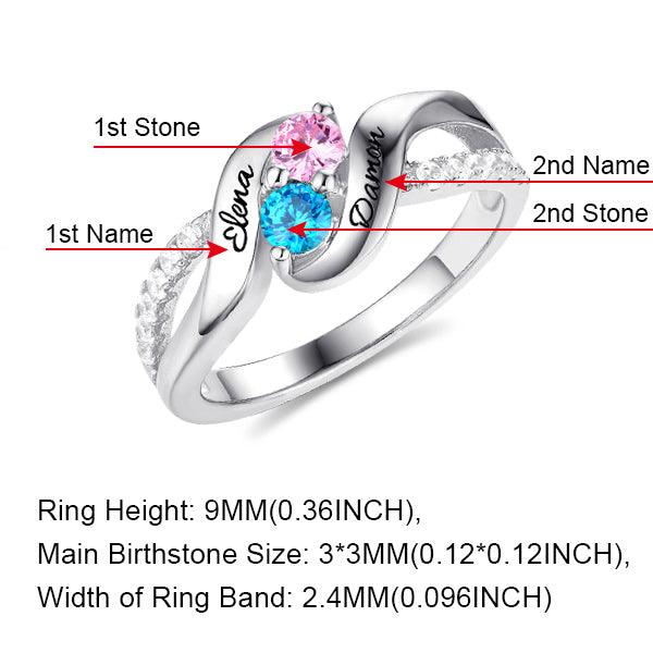 Silver ring with pink and blue stones labeled "1st Stone" and "2nd Stone." Engravings "Elena" and "Damon" are on the sides. Dimensions are also listed below.