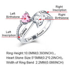 Silver ring with pink and clear heart-shaped stones labeled "Left Birthstone" and "Right Birthstone." Engravings "Donna" and "Vince" on the sides, with "Love you forever" inside. Dimensions listed below.