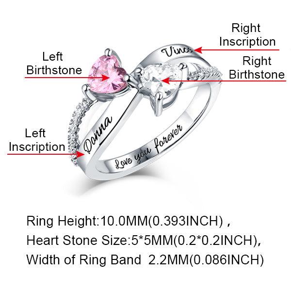 Silver ring with pink and clear heart-shaped stones labeled "Left Birthstone" and "Right Birthstone." Engravings "Donna" and "Vince" on the sides, with "Love you forever" inside. Dimensions listed below.