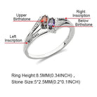 Silver ring with marquise-cut red and purple stones labeled "Upper Birthstone" and "Below Birthstone." Engravings "Michael" and "Sophia" on the sides. Dimensions listed below.