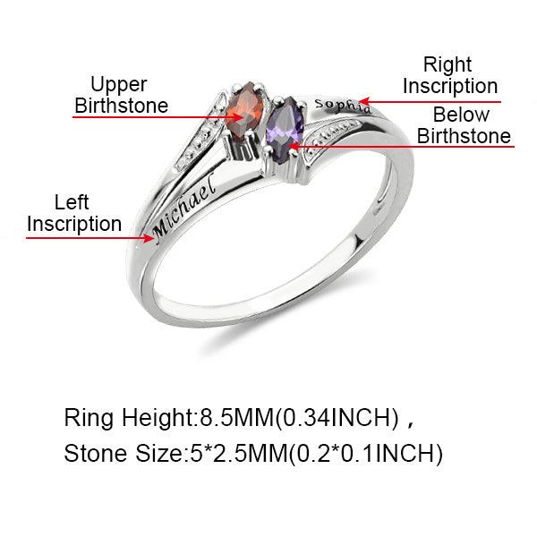 Silver ring with marquise-cut red and purple stones labeled "Upper Birthstone" and "Below Birthstone." Engravings "Michael" and "Sophia" on the sides. Dimensions listed below.