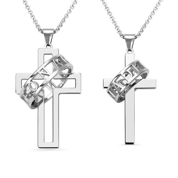 Two silver cross pendants with rings around the center. The left cross has a hollow design with a ring inscribed "LOVE," and the right cross is solid with a ring inscribed "FAITH." Both pendants have chains.