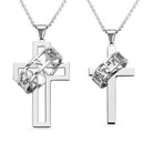 Two silver cross pendants with rings around the center. The left cross has a hollow design with a ring inscribed "LOVE," and the right cross is solid with a ring inscribed "FAITH." Both pendants have chains.