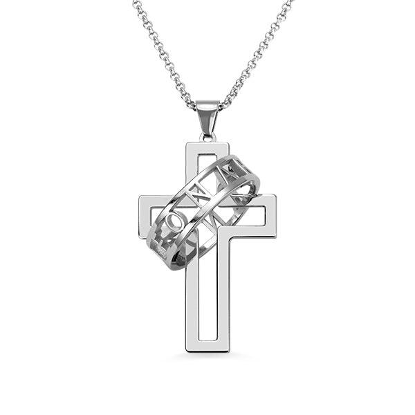 A silver cross pendant with a hollow design and a ring around the center inscribed with the word "LOVE." The pendant is hanging from a silver chain.