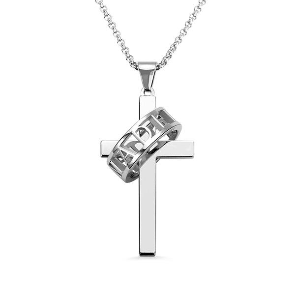 A silver cross pendant with a solid design and a ring around the center inscribed with the word "FAITH." The pendant is hanging from a silver chain.