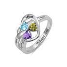 Sterling silver heart ring engraved with 'Forever Love' and multicolored birthstones named Daniel, Sophia, and Angela.