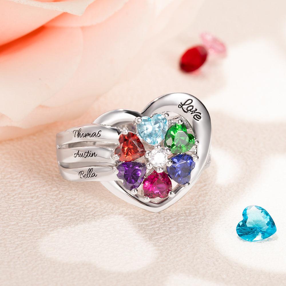 Sterling silver heart ring with 'Love' engraving and vibrant multicolored birthstones named Thomas, Austin, Bella.