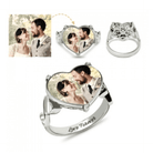 Personalized sterling silver heart-shaped memorial photo ring featuring a custom picture of a smiling couple, with "Love Forever" engraved on the band.