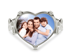 Personalized sterling silver heart-shaped memorial photo ring featuring a custom picture of a smiling family of four, perfect for keeping cherished memories close.