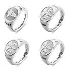 Four silver rings with engraved designs: "RN," a caduceus symbol, "2021," "67," "Kim," and phrases like "We're proud of you" and "Love and care."