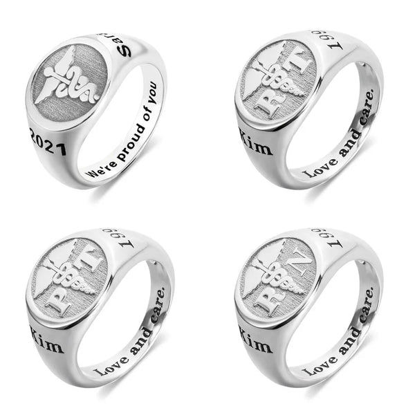 Personalized Sterling Silver Medical Signet Ring - Caduceus Symbol, Custom Abbreviation for Nurses, Doctors, Therapists - Belbren