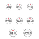 A ring size chart displaying sizes 5 to 12, corresponding to measurements in millimeters: 15.7 mm, 16.5 mm, 17.3 mm, 18.1 mm, 19 mm, 19.8 mm, 20.6 mm, and 21.4 mm.