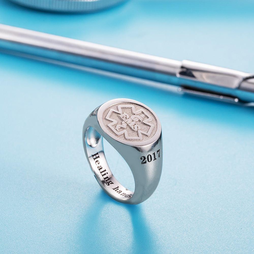 Personalized Sterling Silver Medical Signet Ring - Caduceus Symbol, Custom Abbreviation for Nurses, Doctors, Therapists - Belbren