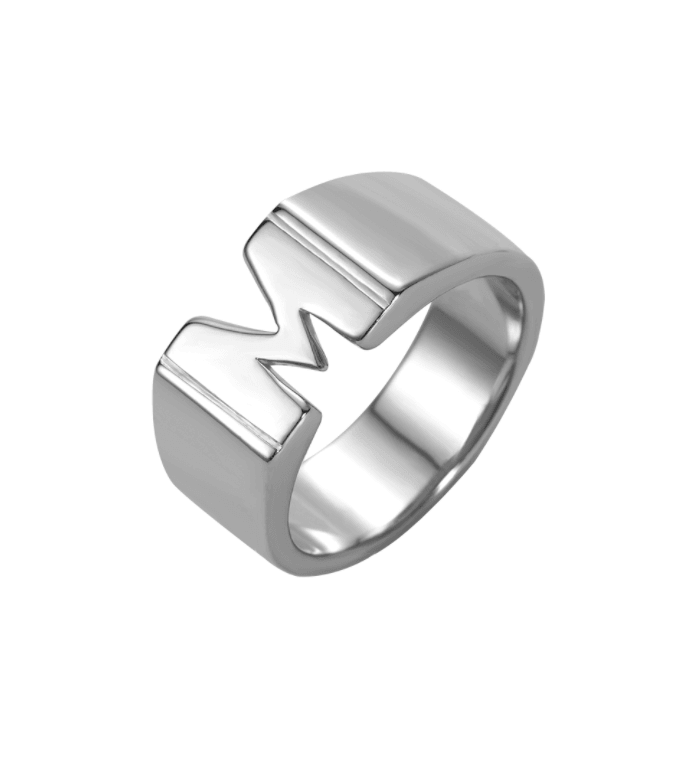 A silver custom name ring featuring the initial 'M,' displayed on a white background.