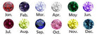 Chart showing birthstones for each month: January (red), February (purple), March (aqua), April (clear), May (green), June (light purple), July (dark red), August (light green), September (blue), October (pink), November (yellow), and December (blue).